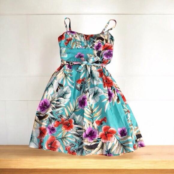 ROZ & ALI Tropical Hawaiian Flower Hibiscus Spaghetti Straps Teal Sun Dress 6 - Picture 1 of 7